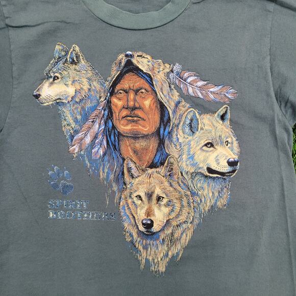 Vintage 90s Native-American Indian Wolf Shirt Medium 19x26 Green - Picture 8 of 13